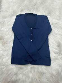 Casaco Cardigan Feminino Suéter trico com Botões - Azul Marinho - Visão 3