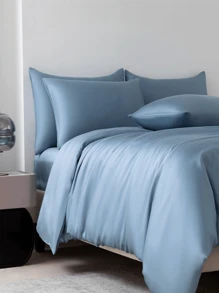 3 Piezas Juego De Sábanas De Poliéster Con Textura Suave Y Brillante Acabado Satinado (1 Cubierta De Cama, 2 Fundas De Almohada), Lavable A Máquina - Azul - Ver 5