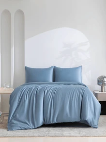 3 Piezas Juego De Sábanas De Poliéster Con Textura Suave Y Brillante Acabado Satinado (1 Cubierta De Cama, 2 Fundas De Almohada), Lavable A Máquina - Azul - Ver 1