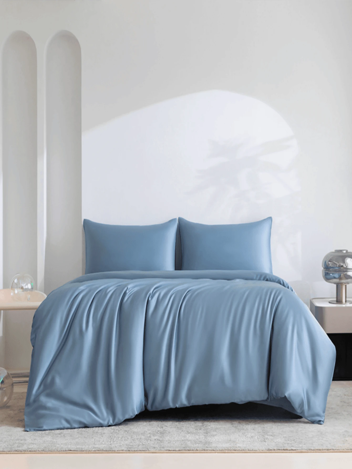 3 Piezas Juego De Sábanas De Poliéster Con Textura Suave Y Brillante Acabado Satinado (1 Cubierta De Cama, 2 Fundas De Almohada), Lavable A Máquina - Azul - Ver 1