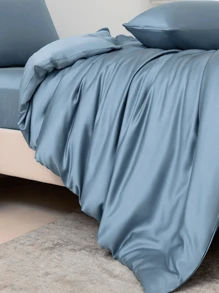 3 Piezas Juego De Sábanas De Poliéster Con Textura Suave Y Brillante Acabado Satinado (1 Cubierta De Cama, 2 Fundas De Almohada), Lavable A Máquina - Azul - Ver 2