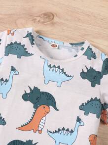 男童两件套夏季卡通恐龙印花短袖T恤和纯色短裤套装 - 綠色 - 查看 3