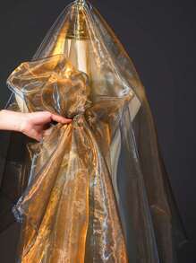 漸變雙色網眼織物，激光紋理透視織物長裙披肩創意手工布料 - 銅色 - 查看 3