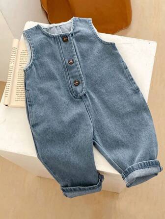 Spring Autumn New Baby/Toddler Unisex Denim Jumpsuit, 5 Months - 4 Years Old, Fashion Versatile, Baggy Sleeveless Overalls (Top Not Included), Neutral Blue Color, Recommend Wearing With Undershirt For Comfort, Size May Run Large