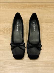 Square Toe Chunky Heel Women Shoes, Versatile Bow Tie Flats, Fashionable Slip-On Shoes, Black High Heels, Women's High Heel Pumps, One Size Larger