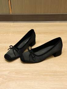 Square Toe Chunky Heel Women Shoes, Versatile Bow Tie Flats, Fashionable Slip-On Shoes, Black High Heels, Women's High Heel Pumps, One Size Larger