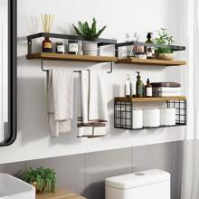 Repisa de madera en la pared, Set de 3 estantes flotantes montados con cesta de alambre y toallero para baño, cocina, dormitorio - Marrón - Ver 4