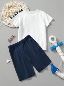 2 件 LITTLE BITTY 幼儿男孩卡通恐龙印花短袖 T 恤和短裤套装，时尚春夏装 - 白色 - 查看 3