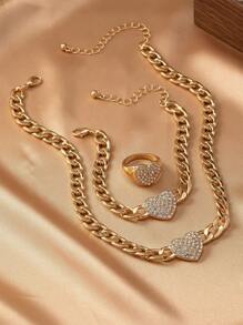 3 件套时尚优雅水钻心形吊坠项链、手链、戒指套装，适合女性日常、派对、节日装扮、礼物 - 金黃色 - 查看 5