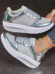 Women's Shiny Rocker Sole Shoes With Thick Sole And Breathable Mesh Upper, Ideal For Mom's Casual/Sports Wear - Silver - View 7