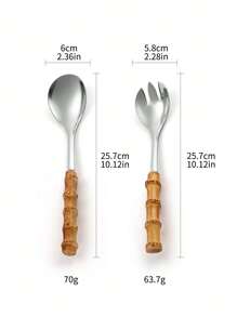 1pc/2pcs Stainless Steel Natural Bamboo Handle Salad Spoon And Fork, Large Size Serving Spoon And Fork Set - Silver - View 2