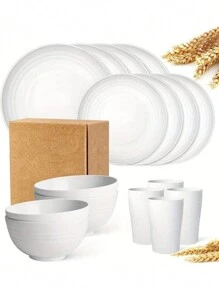 16pcs Unbreakable Reusable Pp Plastic Dinnerware Set, Including Plates, Bowls, Cups For 4 People, Suitable For Home Use And Outdoor Picnic - White - View 1