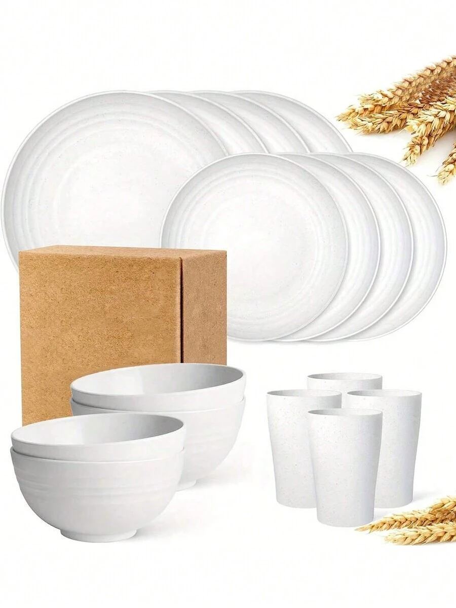 16pcs Unbreakable Reusable Pp Plastic Dinnerware Set, Including Plates, Bowls, Cups For 4 People, Suitable For Home Use And Outdoor Picnic - White - View 1