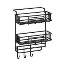 Refrigerator Storage Shelf Kitchen Multi-Functional Seasoning Rack With Hanging Hooks And Storage For Plastic Wrap And Paper Towels Without Drilling - Black - View 3