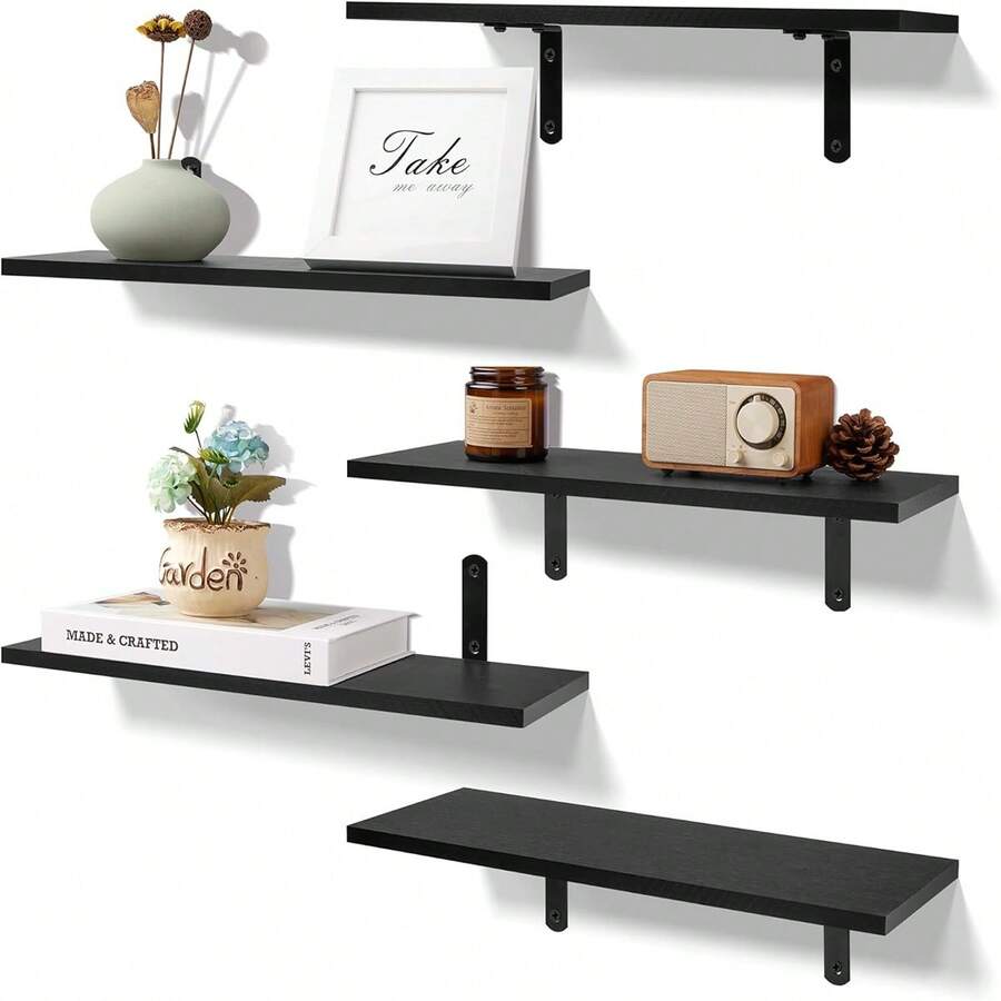 Floating Shelves For Wall Decor Storage,  Wall Mounted Shelves Set Of 5, Sturdy Small Wood Shelves Hanging For Bedroom, Living Room, Bathroom, Kitchen, Corner, Book - Black - View 1