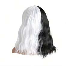 1入歐美風格COS合成髮假髮頭飾，適用於動漫派對角色扮演演出，角色: 庫露尤瑪 盤髮和中長度卷曲區段 - 黑與白 - 查看 2