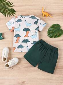 男童两件套夏季卡通恐龙印花短袖T恤和纯色短裤套装 - 綠色 - 查看 2