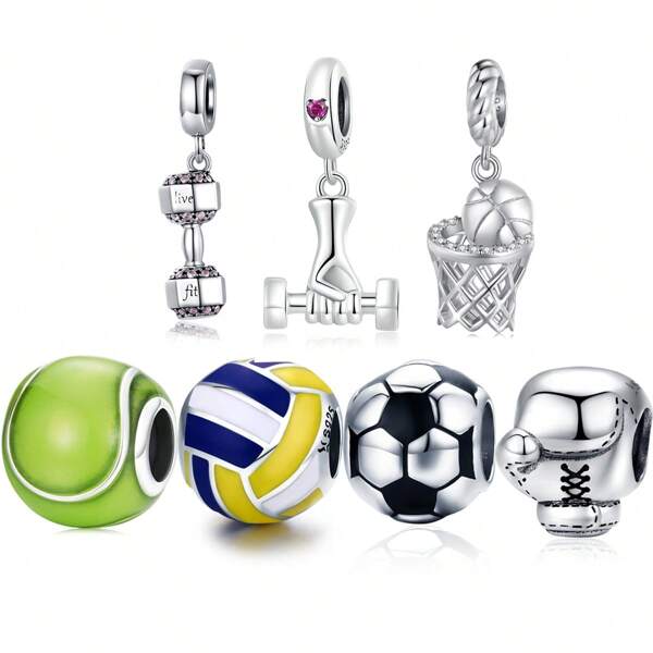 WOSTU 1 Pièce Pendentif De Sport De Football De Basket-ball De Tennis De Volleyball De Série D'été En Argent Sterling Authentique 925 Perles De Sport De Boxe Haltère De Forme Physique À La Mode Pour Les Femmes, La Fabrication De Bijoux Fins