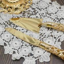 WINON 2pcs/Set Gold-Plated Alloy Hollow Out Grid & Plum Blossom Shaped Cake & Pizza Knife, Weddings & Parties & Birthdays & Baking Utensils, With Exquisite Handle Design