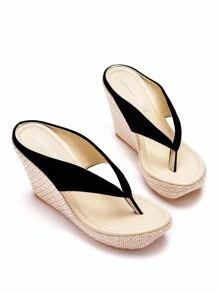 9厘米厚底坡跟凉鞋，波西米亚风沙滩拖鞋，夏季厚底人字拖，女士休闲时尚凉鞋 - 黑色 - 查看 6