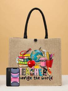 Bolsa de regalo para el Día del Maestro, set de 2 bolsas de tela estampadas, bolso ligero con monedero para compras, viajes, mejor regalo para maestros para el Día del Maestro, mejor regalo para maestros en Navidad - Caqui - Ver 4