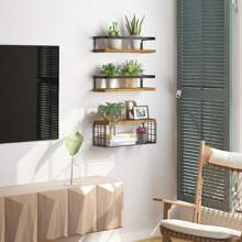 Repisa de madera en la pared, Set de 3 estantes flotantes montados con cesta de alambre y toallero para baño, cocina, dormitorio - Marrón - Ver 3