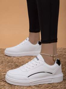 Novo Chegada Tênis Casual Feminino E Plano, Tamanho Grande, Sapatos Esportivos, Tênis Branco - Branco - Visão 1