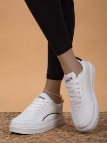 Novo Chegada Tênis Casual Feminino E Plano, Tamanho Grande, Sapatos Esportivos, Tênis Branco - Branco - Visão 4