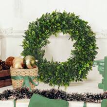 1pc Artificial Flower Wreath, 6 Options: Milan Grass, Boxwood, Seed Head Grass With Wildflowers, Yellow Boxwood, Lavender, Boxwood With Wildflowers. Green Decoration For Spring And Summer. Customizable By Factory. Suitable For Dorm Room, Office, Back To School Season, Outdoor Parties, Festivals, Birthday Parties, Christmas, Halloween, And Thanksgiving Decorations For Home, Hotel, Restaurant, Living Room, Bedroom, Wedding, Banquet Hall, Kitchen And Garden. - Green - View 5