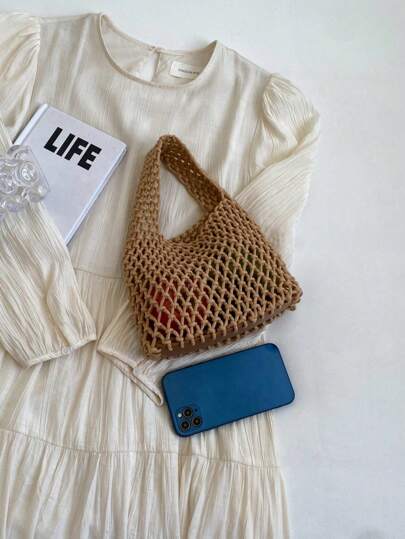 BAILEE 1 Piece Set Of Polyester Thread Hook Mesh Eyelid Bottom Multicolor Solid Color String Knitting Handbag Argyle Lightweight Portable Large Capacity Cute, Kawaii Fashionable Quilt Bag Beach Bag Perfectly Matching With Vacation Outfits Women, Hottest Beach Bags For Women, Beach Necessities, Beach Essentials,Beach Stuff & Summer Essentials, Newest Holiday Bag