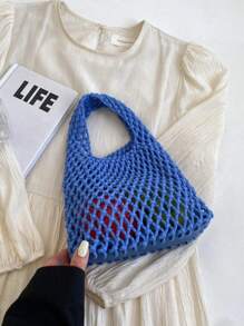 BAILEE 一套涤纶钩编网眼底多色纯色针织手提包，绗缝轻便便携大容量可爱时尚沙滩包，夏季沙滩必备，沙滩配件，沙滩装备和夏季必备单品，最新度假包，钩编，卡哇伊 - 藍色 - 查看 5