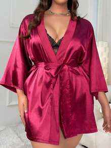 Conjunto De Pijamas Satin Tallas Grandes Para Mujer Con Con Bralette Encaje Sexy Y Bata Suave Sexy 3 Piezas - Rosa Fucsia - Ver 3