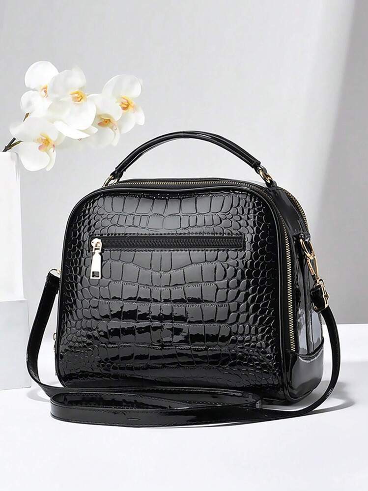 PLANEE Fashionable Faux Leather Crossbody Bag, Women's Shoulder Phone Wallet, Double Zipper Crossbody Bag, Patent Crocodile Pattern Shoulder Bag, Large Capacity Multi-Pocket Adjustable Strap Handbag, Best Mother Day Gifts Ever - Black - View 7