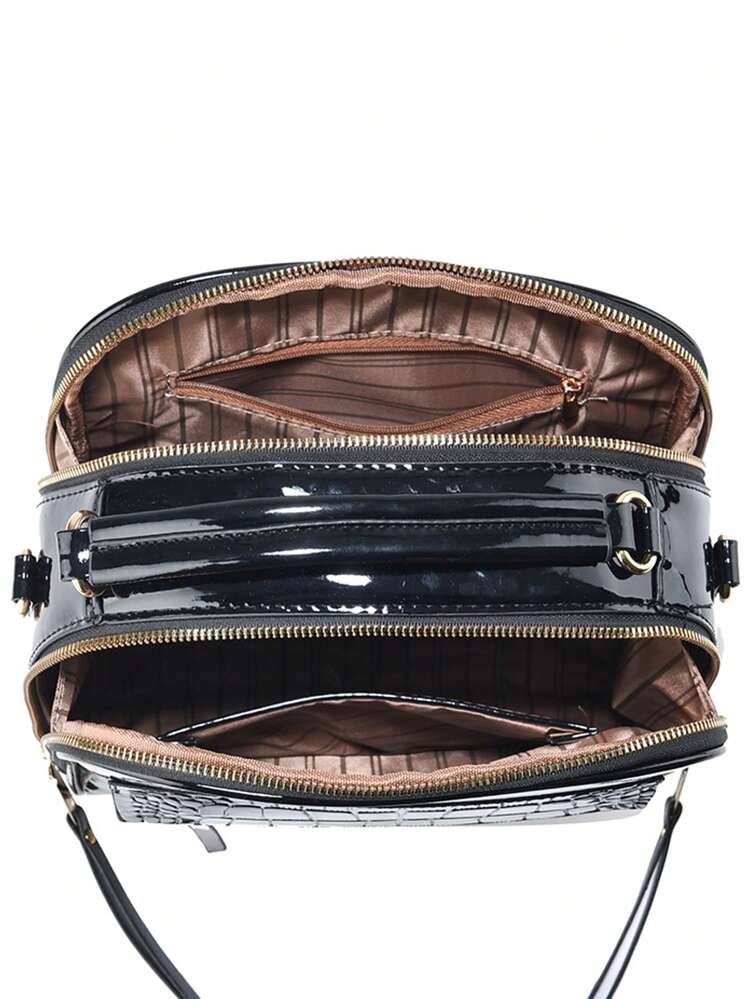 PLANEE Fashionable Faux Leather Crossbody Bag, Women's Shoulder Phone Wallet, Double Zipper Crossbody Bag, Patent Crocodile Pattern Shoulder Bag, Large Capacity Multi-Pocket Adjustable Strap Handbag, Best Mother Day Gifts Ever - Black - View 3