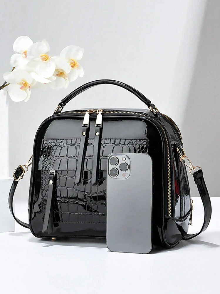 PLANEE Fashionable Faux Leather Crossbody Bag, Women's Shoulder Phone Wallet, Double Zipper Crossbody Bag, Patent Crocodile Pattern Shoulder Bag, Large Capacity Multi-Pocket Adjustable Strap Handbag, Best Mother Day Gifts Ever - Black - View 5