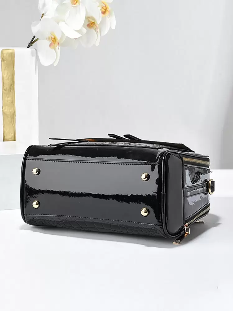 PLANEE Fashionable Faux Leather Crossbody Bag, Women's Shoulder Phone Wallet, Double Zipper Crossbody Bag, Patent Crocodile Pattern Shoulder Bag, Large Capacity Multi-Pocket Adjustable Strap Handbag, Best Mother Day Gifts Ever - Black - View 8