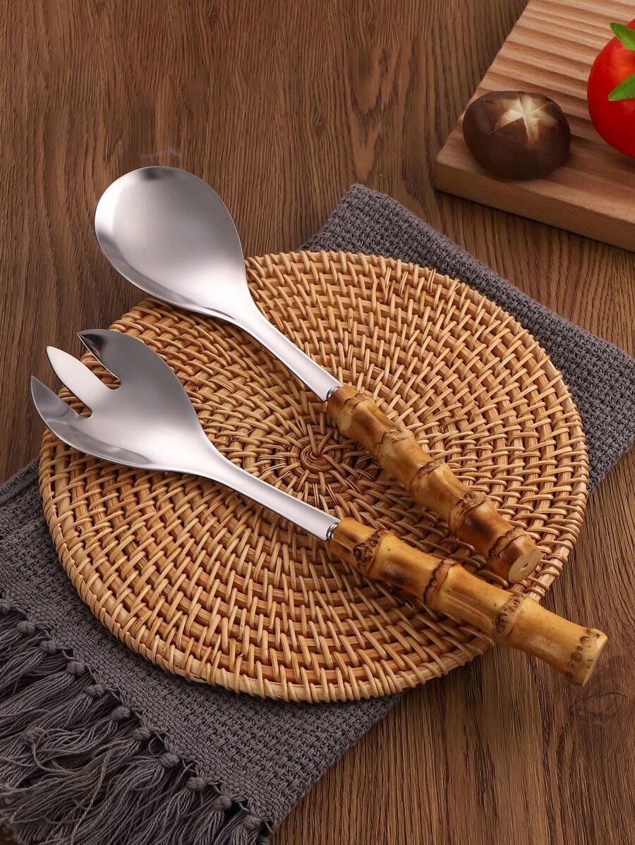 1pc/2pcs Stainless Steel Natural Bamboo Handle Salad Spoon And Fork, Large Size Serving Spoon And Fork Set - Silver - View 1