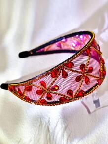 1pc Crystal Mesh & Alloy Hairband, Colorful Rhinestone Decor Wide Headband, Simple & Luxurious Hair Accessory For Daily & Work, Handmade Beaded Headwear Elegant - Red - View 2