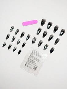 Sanrio 用 24 件中等杏仁色 The Hot Girls 哥特深黑色腮红 3D 蝴蝶水钻装饰 Y2K 风格银色闪光闪亮星星图案全覆盖假指甲套装按压式指甲美甲用品改变您的指甲 - 黑色 - 查看 4