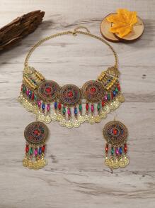 1PC Thời Trang Vintage Nhiều Lớp Rỗng Hình Học Đồng Xu Tua Rua Vòng Cổ, Bao Gồm 2 Bông Tai Dành Cho Nữ - Loại bướm - Xem 4