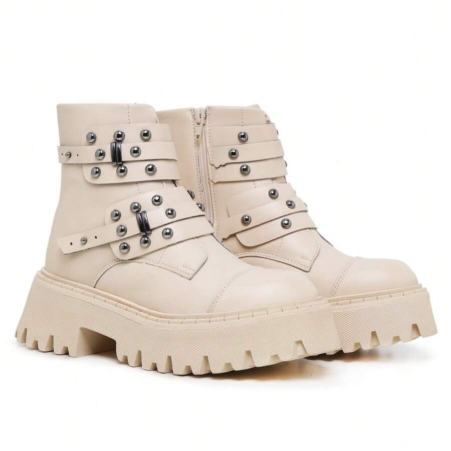 New Women's Tractor Combat Boot With Applications And Spikes Fall