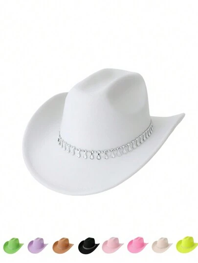 1 件男女通用牛仔帽，时尚百搭盖茨比帽，带水滴链装饰，高冠檐遮阳帽，适合夏季旅行