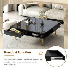 Exquisite High Gloss Coffee Table With 4 Golden Legs And 2 Small Drawers, 2-Tier Square Center Table For Living Room, White, Black - màu đen - Xem 7
