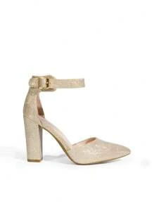 Women's Chunky High Heels Pumps Ankle Strap Closed Pointed Toe Elegant Fashionable Comfortable Dating Wedding Party Dress Shoes - 金色 - 查看 6