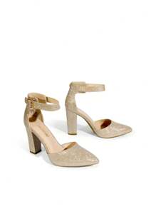 Women's Chunky High Heels Pumps Ankle Strap Closed Pointed Toe Elegant Fashionable Comfortable Dating Wedding Party Dress Shoes - 金色 - 查看 9