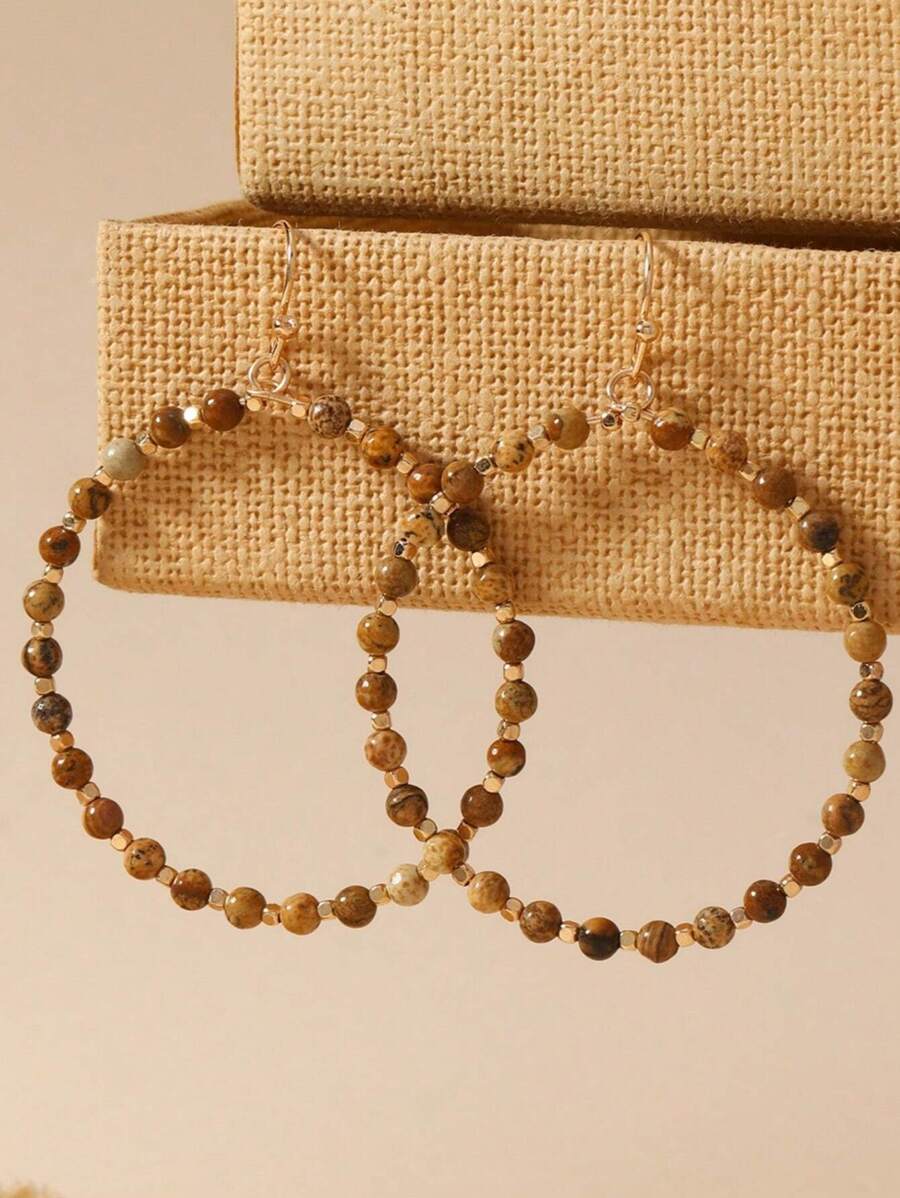 耳環系列3耳環套裝，手工編織串珠波西米亞風格，奢華時尚，多款式可選 - 大理石紋理-棕色圓圈形 - 查看 1