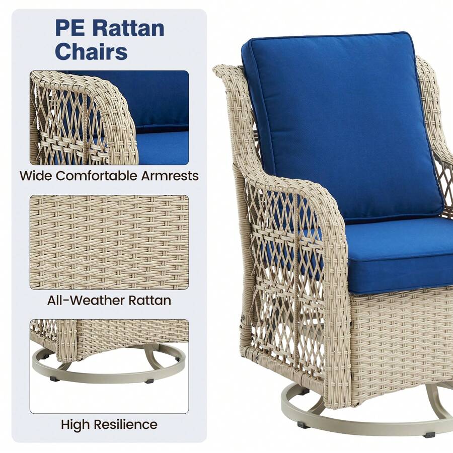 3 Pieces Outdoor Wicker Swivel Rocker Patio Set,Swivel Rocking Chairs Set Of 2 With Rattan Side