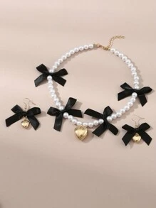 3pcs/Set Girls' Pearl Beaded Heart & Bow Necklace And Earrings Set - Black - View 2