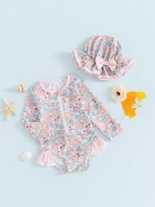 Ensemble de maillot de bain anti-éruptions cutanées pour bébé fille à manches longues avec imprimé floral, maillot de bain pour bébé avec chapeau de soleil et nœud papillon, 2 pièces