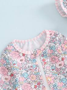 Ensemble de maillot de bain anti-éruptions cutanées pour bébé fille à manches longues avec imprimé floral, maillot de bain pour bébé avec chapeau de soleil et nœud papillon, 2 pièces